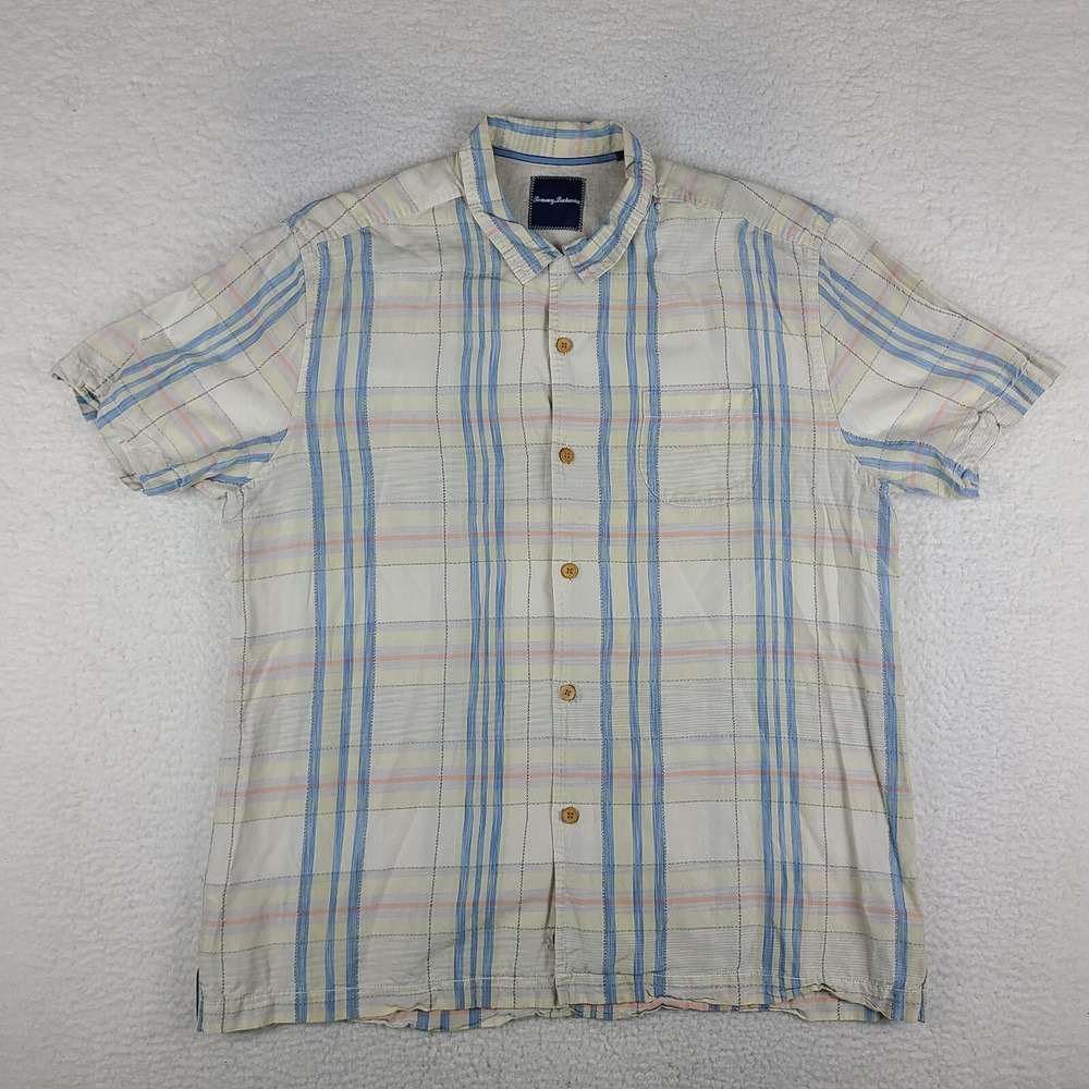 Tommy Bahama Shirt Mens XL Blue Plaid Loop Collar Hawaiian Silk Button Up GC